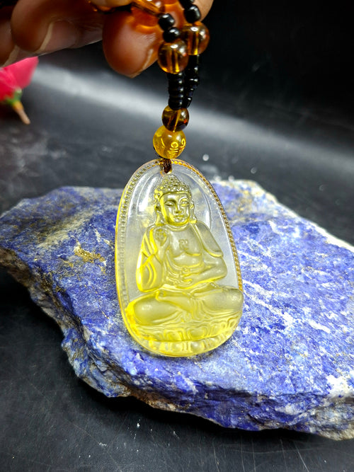 Lord Buddha Carved Pendant in Treated Citrine with Yellow and Black Beads – A Path to Wisdom, Wealth, and Inner Calm | Gemstone Mala | Birthday Gift