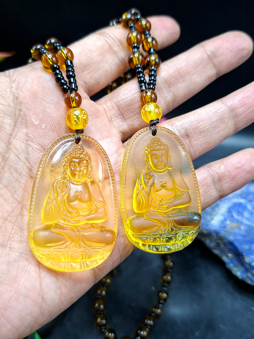Lord Buddha Carved Pendant in Treated Citrine with Yellow and Black Beads – A Path to Wisdom, Wealth, and Inner Calm | Gemstone Mala | Birthday Gift