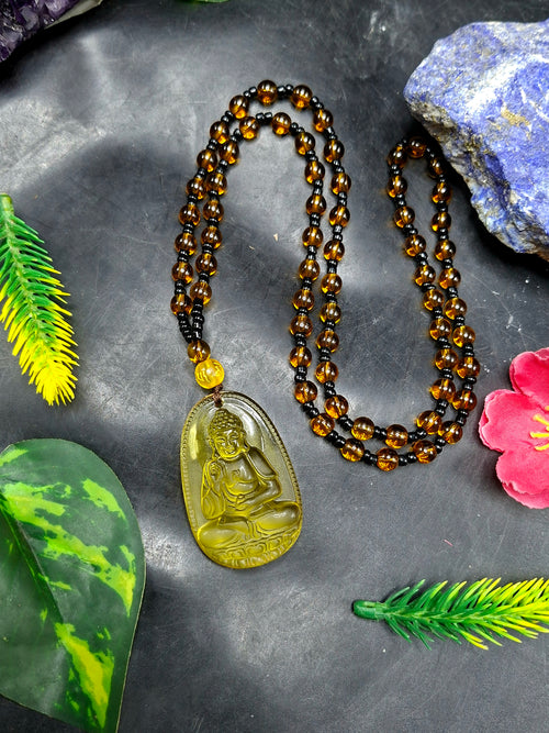 Lord Buddha Carved Pendant in Treated Citrine with Yellow and Black Beads – A Path to Wisdom, Wealth, and Inner Calm | Gemstone Mala | Birthday Gift
