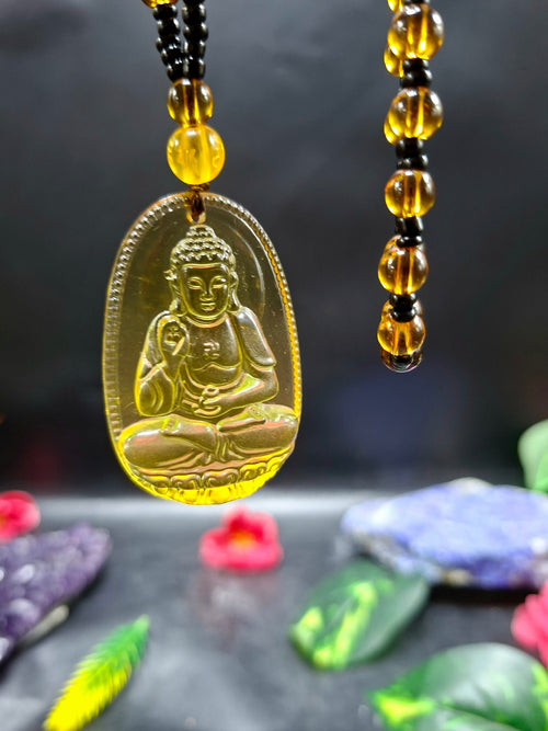 Lord Buddha Carved Pendant in Treated Citrine with Yellow and Black Beads – A Path to Wisdom, Wealth, and Inner Calm | Gemstone Mala | Birthday Gift