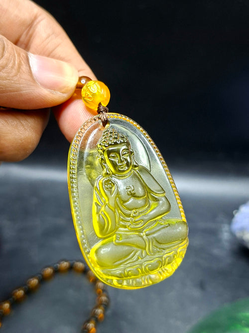 Lord Buddha Carved Pendant in Treated Citrine with Yellow and Black Beads – A Path to Wisdom, Wealth, and Inner Calm | Gemstone Mala | Birthday Gift