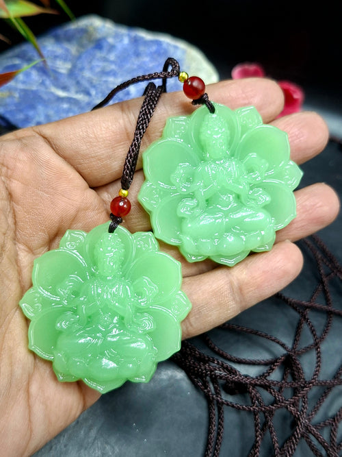 Jade Guan Yin Bodhisattva Pendant with Thread Mala – Spiritual Healing, Success & Chakra Balancing Stone | Gemstone Mala | Birthday Gift | ONE PIECE ONLY