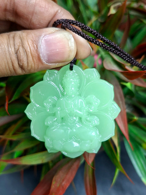 Jade Guan Yin Bodhisattva Pendant with Thread Mala – Spiritual Healing, Success & Chakra Balancing Stone | Gemstone Mala | Birthday Gift | ONE PIECE ONLY