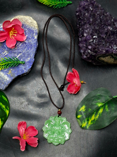Jade Guan Yin Bodhisattva Pendant with Thread Mala – Spiritual Healing, Success & Chakra Balancing Stone | Gemstone Mala | Birthday Gift | ONE PIECE ONLY