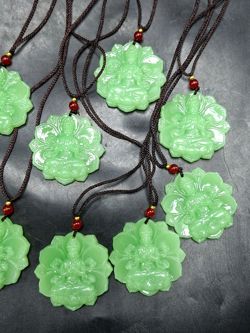 Jade Guan Yin Bodhisattva Pendant with Thread Mala – Spiritual Healing, Success & Chakra Balancing Stone | Gemstone Mala | Birthday Gift | ONE PIECE ONLY