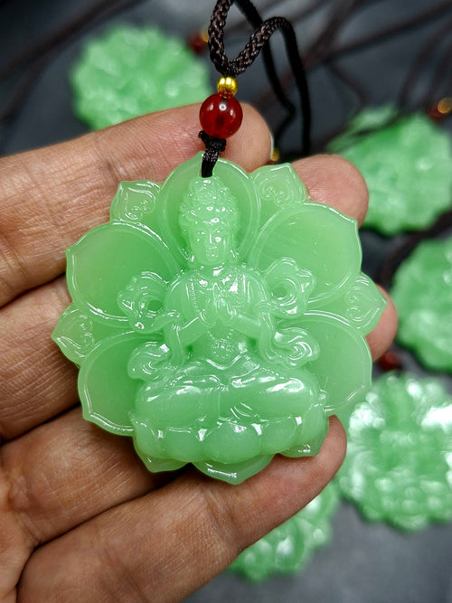 Jade Guan Yin Bodhisattva Pendant with Thread Mala – Spiritual Healing, Success & Chakra Balancing Stone | Gemstone Mala | Birthday Gift | ONE PIECE ONLY
