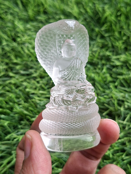 Lord Buddha Protected by Serpent Carving in Himalayan Quartz – A Symbol of Divine Protection, Serenity, and Enlightenment | Reiki/Chakra/Healing/Energy | Home Decor