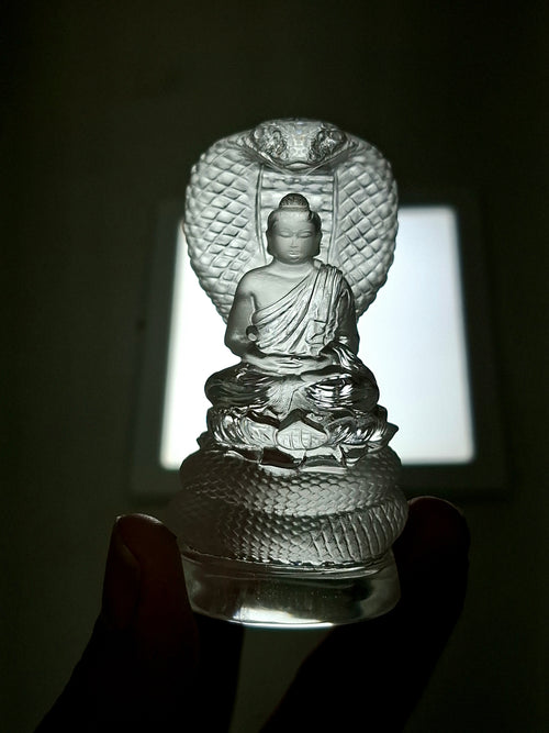 Lord Buddha Protected by Serpent Carving in Himalayan Quartz – A Symbol of Divine Protection, Serenity, and Enlightenment | Reiki/Chakra/Healing/Energy | Home Decor