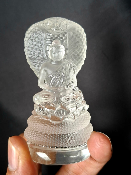Lord Buddha Protected by Serpent Carving in Himalayan Quartz – A Symbol of Divine Protection, Serenity, and Enlightenment | Reiki/Chakra/Healing/Energy | Home Decor