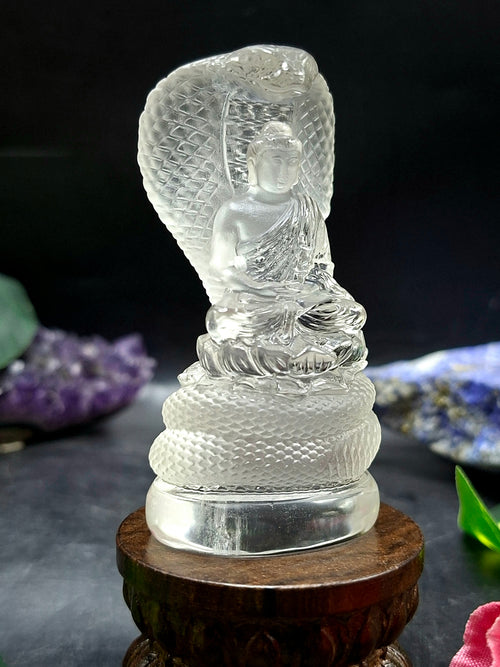 Lord Buddha Protected by Serpent Carving in Himalayan Quartz – A Symbol of Divine Protection, Serenity, and Enlightenment | Reiki/Chakra/Healing/Energy | Home Decor