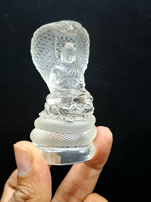 Lord Buddha Protected by Serpent Carving in Himalayan Quartz – A Symbol of Divine Protection, Serenity, and Enlightenment | Reiki/Chakra/Healing/Energy | Home Decor