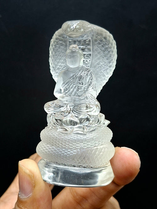 Lord Buddha Protected by Serpent Carving in Himalayan Quartz – A Symbol of Divine Protection, Serenity, and Enlightenment | Reiki/Chakra/Healing/Energy | Home Decor