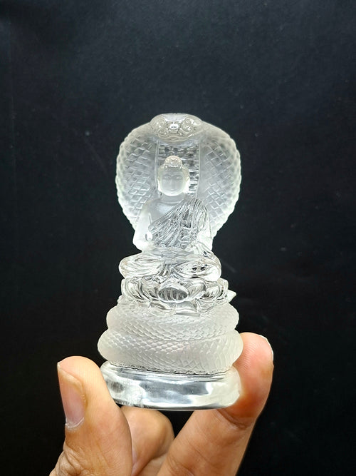Lord Buddha Protected by Serpent Carving in Himalayan Quartz – A Symbol of Divine Protection, Serenity, and Enlightenment | Reiki/Chakra/Healing/Energy | Home Decor