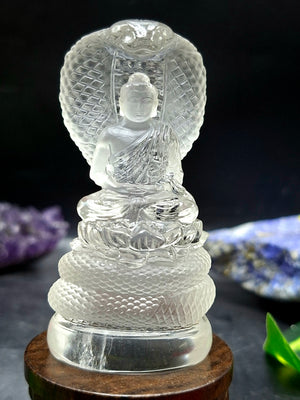 Lord Buddha Protected by Serpent Carving in Himalayan Quartz – A Symbol of Divine Protection, Serenity, and Enlightenment | Reiki/Chakra/Healing/Energy | Home Decor