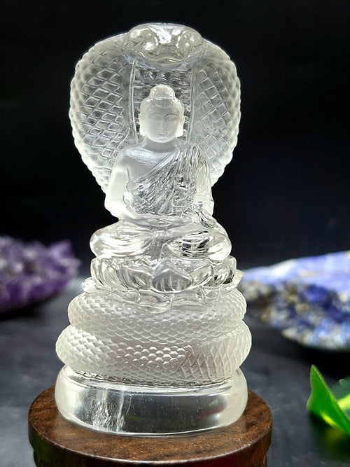 Lord Buddha Protected by Serpent Carving in Himalayan Quartz – A Symbol of Divine Protection, Serenity, and Enlightenment | Reiki/Chakra/Healing/Energy | Home Decor