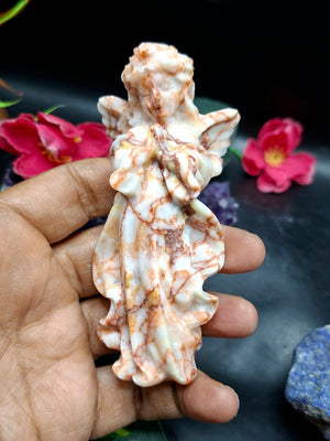 Red Network Jasper Winged Angel Carving – Hand-Carved Prayer Angel Figurine for Positivity, Protection, Home & Office Décor, 114 gms, 4 Inches