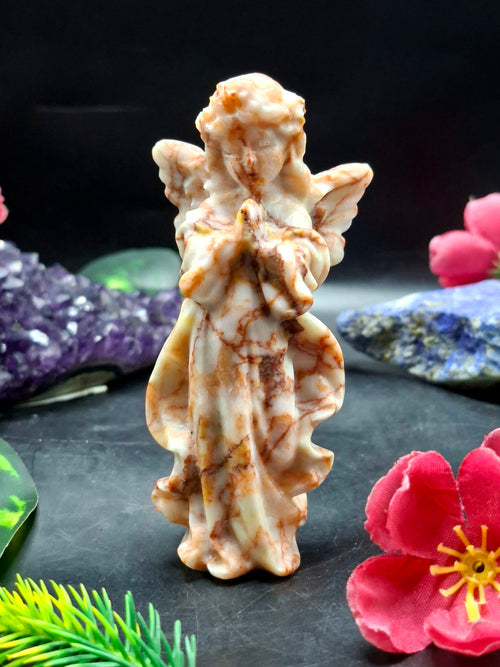 Red Network Jasper Winged Angel Carving – Hand-Carved Prayer Angel Figurine for Positivity, Protection, Home & Office Décor, 114 gms, 4 Inches