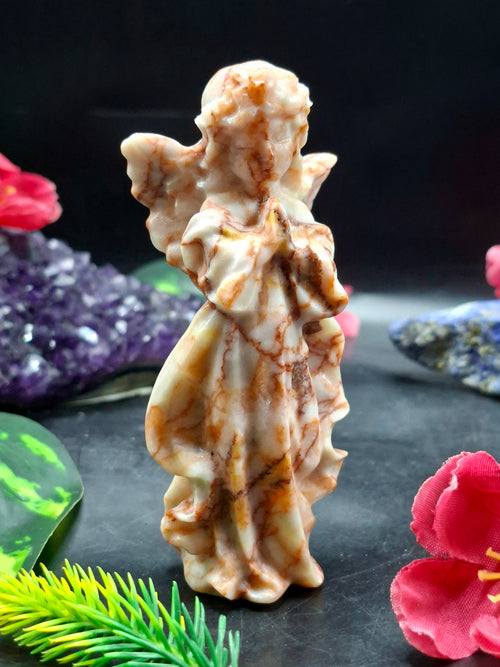 Red Network Jasper Winged Angel Carving – Hand-Carved Prayer Angel Figurine for Positivity, Protection, Home & Office Décor, 114 gms, 4 Inches