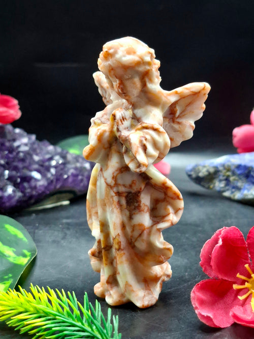 Red Network Jasper Winged Angel Carving – Hand-Carved Prayer Angel Figurine for Positivity, Protection, Home & Office Décor, 114 gms, 4 Inches
