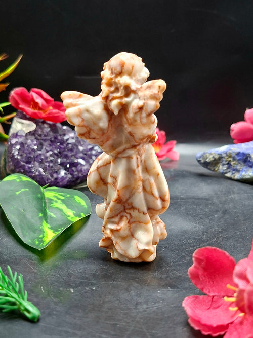 Red Network Jasper Winged Angel Carving – Hand-Carved Prayer Angel Figurine for Positivity, Protection, Home & Office Décor, 114 gms, 4 Inches