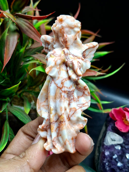 Red Network Jasper Winged Angel Carving – Hand-Carved Prayer Angel Figurine for Positivity, Protection, Home & Office Décor, 114 gms, 4 Inches