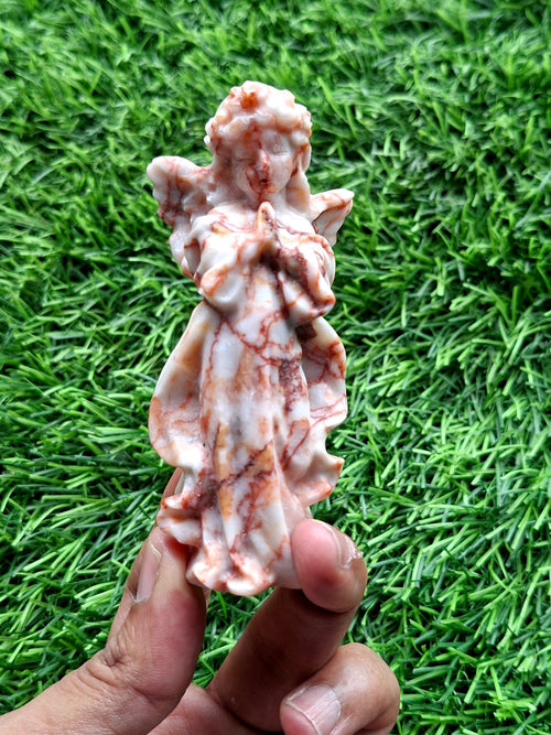 Red Network Jasper Winged Angel Carving – Hand-Carved Prayer Angel Figurine for Positivity, Protection, Home & Office Décor, 114 gms, 4 Inches