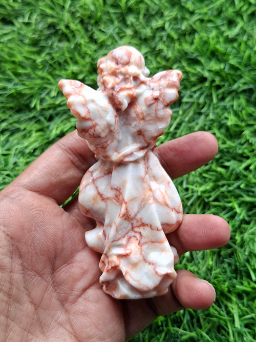Red Network Jasper Winged Angel Carving – Hand-Carved Prayer Angel Figurine for Positivity, Protection, Home & Office Décor, 114 gms, 4 Inches
