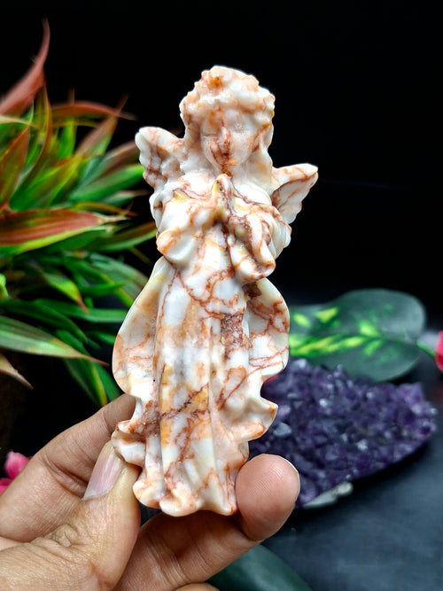 Red Network Jasper Winged Angel Carving – Hand-Carved Prayer Angel Figurine for Positivity, Protection, Home & Office Décor, 114 gms, 4 Inches