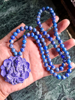 Lapis Lazuli 8mm Beaded Mala with Lord Ganesh Pendant – For Healing, Manifestation & Daily Protection | Gemstone Mala | Birthday Gift