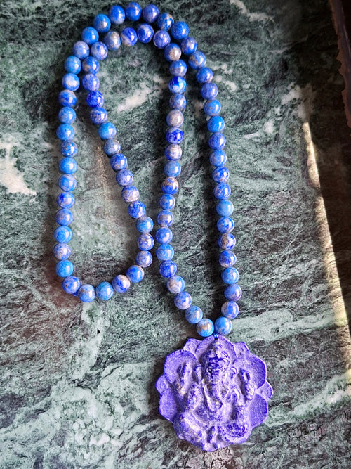 Lapis Lazuli 8mm Beaded Mala with Lord Ganesh Pendant – For Healing, Manifestation & Daily Protection | Gemstone Mala | Birthday Gift