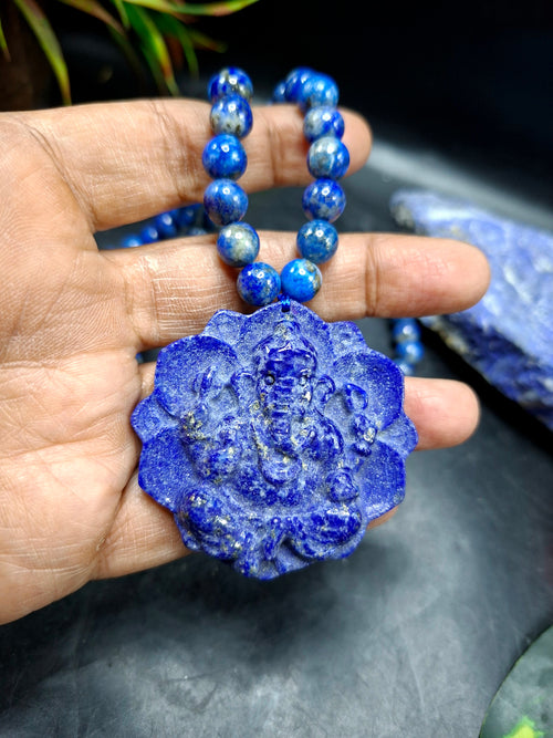 Lapis Lazuli 8mm Beaded Mala with Lord Ganesh Pendant – For Healing, Manifestation & Daily Protection | Gemstone Mala | Birthday Gift