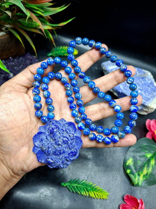 Lapis Lazuli 8mm Beaded Mala with Lord Ganesh Pendant – For Healing, Manifestation & Daily Protection | Gemstone Mala | Birthday Gift