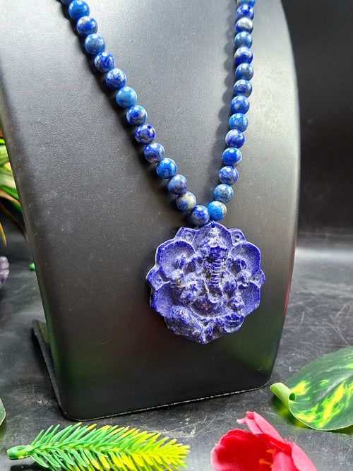 Lapis Lazuli 8mm Beaded Mala with Lord Ganesh Pendant – For Healing, Manifestation & Daily Protection | Gemstone Mala | Birthday Gift