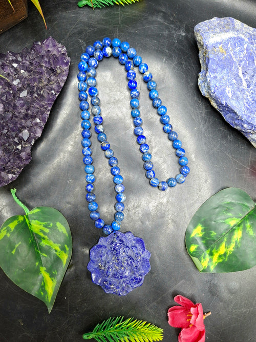 Lapis Lazuli 8mm Beaded Mala with Lord Ganesh Pendant – For Healing, Manifestation & Daily Protection | Gemstone Mala | Birthday Gift