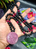 Black Tourmaline and Pink Onyx 8mm Beaded Mala with Honeycomb Ruby Pendant: Offering Grounding, Emotional Comfort, Inner Peace, and a Beautiful Gift for Loved Ones | Gemstone Mala | Birthday Gift