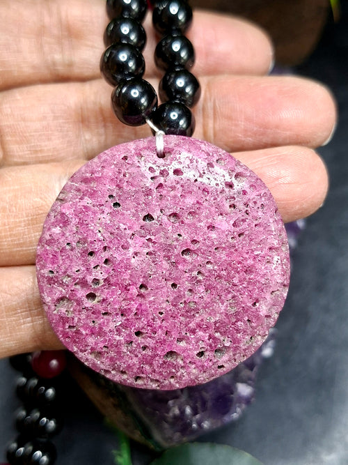 Black Tourmaline and Pink Onyx 8mm Beaded Mala with Honeycomb Ruby Pendant: Offering Grounding, Emotional Comfort, Inner Peace, and a Beautiful Gift for Loved Ones | Gemstone Mala | Birthday Gift