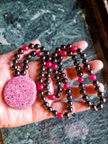 Black Tourmaline and Pink Onyx 8mm Beaded Mala with Honeycomb Ruby Pendant: Offering Grounding, Emotional Comfort, Inner Peace, and a Beautiful Gift for Loved Ones | Gemstone Mala | Birthday Gift