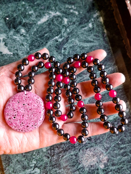 Black Tourmaline and Pink Onyx 8mm Beaded Mala with Honeycomb Ruby Pendant: Offering Grounding, Emotional Comfort, Inner Peace, and a Beautiful Gift for Loved Ones | Gemstone Mala | Birthday Gift