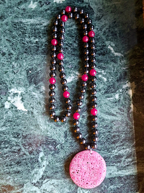 Black Tourmaline and Pink Onyx 8mm Beaded Mala with Honeycomb Ruby Pendant: Offering Grounding, Emotional Comfort, Inner Peace, and a Beautiful Gift for Loved Ones | Gemstone Mala | Birthday Gift