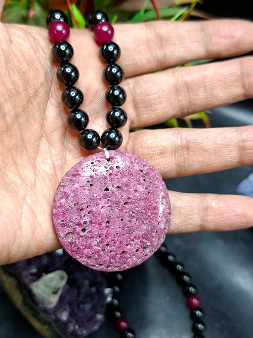 Black Tourmaline and Pink Onyx 8mm Beaded Mala with Honeycomb Ruby Pendant: Offering Grounding, Emotional Comfort, Inner Peace, and a Beautiful Gift for Loved Ones | Gemstone Mala | Birthday Gift