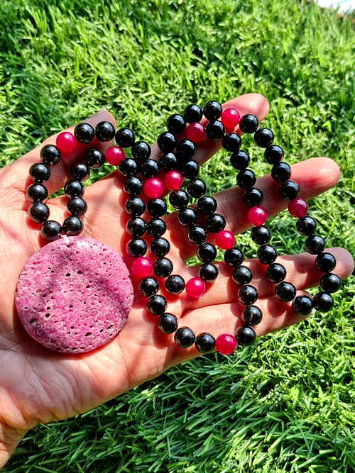 Black Tourmaline and Pink Onyx 8mm Beaded Mala with Honeycomb Ruby Pendant: Offering Grounding, Emotional Comfort, Inner Peace, and a Beautiful Gift for Loved Ones | Gemstone Mala | Birthday Gift