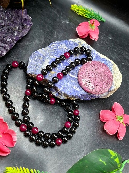 Black Tourmaline and Pink Onyx 8mm Beaded Mala with Honeycomb Ruby Pendant: Offering Grounding, Emotional Comfort, Inner Peace, and a Beautiful Gift for Loved Ones | Gemstone Mala | Birthday Gift
