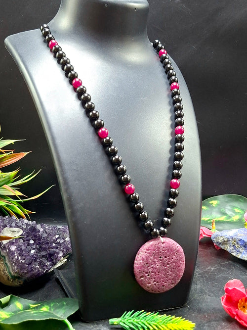 Black Tourmaline and Pink Onyx 8mm Beaded Mala with Honeycomb Ruby Pendant: Offering Grounding, Emotional Comfort, Inner Peace, and a Beautiful Gift for Loved Ones | Gemstone Mala | Birthday Gift