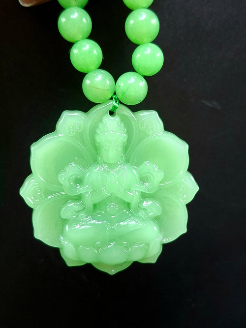 Green Aventurine 8 mm Beaded Mala with Exquisite Hand-Carved Guan Yin Bodhisattva Jade Pendant for Daily Wear, Elegant Style, Mental Peace, Healing Energy, and Meaningful Gifting | Gemstone Mala | Birthday Gift | ONE PIECE ONLY