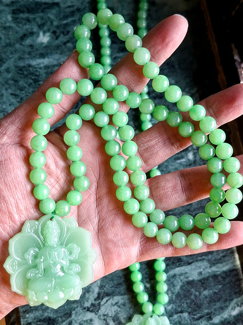 Green Aventurine 8 mm Beaded Mala with Exquisite Hand-Carved Guan Yin Bodhisattva Jade Pendant for Daily Wear, Elegant Style, Mental Peace, Healing Energy, and Meaningful Gifting | Gemstone Mala | Birthday Gift | ONE PIECE ONLY