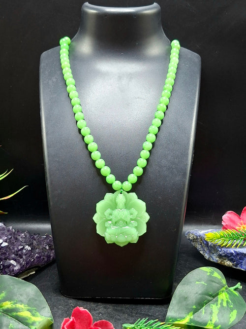 Green Aventurine 8 mm Beaded Mala with Exquisite Hand-Carved Guan Yin Bodhisattva Jade Pendant for Daily Wear, Elegant Style, Mental Peace, Healing Energy, and Meaningful Gifting | Gemstone Mala | Birthday Gift | ONE PIECE ONLY
