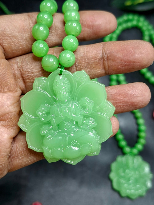 Green Aventurine 8 mm Beaded Mala with Exquisite Hand-Carved Guan Yin Bodhisattva Jade Pendant for Daily Wear, Elegant Style, Mental Peace, Healing Energy, and Meaningful Gifting | Gemstone Mala | Birthday Gift | ONE PIECE ONLY