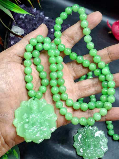 Green Aventurine 8 mm Beaded Mala with Exquisite Hand-Carved Guan Yin Bodhisattva Jade Pendant for Daily Wear, Elegant Style, Mental Peace, Healing Energy, and Meaningful Gifting | Gemstone Mala | Birthday Gift | ONE PIECE ONLY