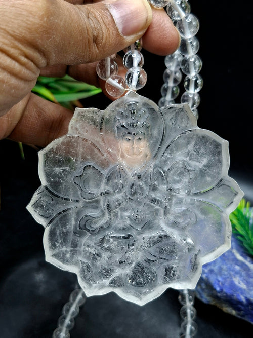 Clear Quartz 8mm Hand-Carved Mala with 3-Inch Kwan Yin Pendant – A Powerful Blend of Beauty, Calmness & Healing | Gemstone Mala | Birthday Gift