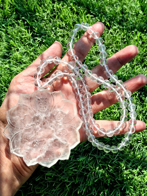 Clear Quartz 8mm Hand-Carved Mala with 3-Inch Kwan Yin Pendant – A Powerful Blend of Beauty, Calmness & Healing | Gemstone Mala | Birthday Gift